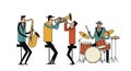 Four abstract, angular male figures play jazz instruments. One wears a teal jacket Royalty Free Stock Photo