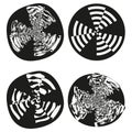 Four abstract circles. Op art dynamic shapes. Black white Vector elements. Illusion geometric forms. Royalty Free Stock Photo