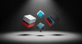 Four abstract geometric cubes and diamonds floating in a dark studio with spotlight and shadows Royalty Free Stock Photo