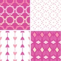 Four abstract geometric pink seamless patterns set