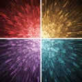 Four abstract quadrants feature dynamic, exploding patterns of geometric blocks.