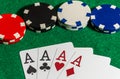Four ace cards on the background of poker chips in a casino Royalty Free Stock Photo