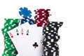 four ace poker cards chips white background Royalty Free Stock Photo