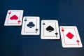 Four aces and chips, card game, cards on the table. Poker and blackjack Royalty Free Stock Photo