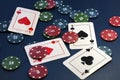 Four aces and chips, card game, cards on the table. Poker and blackjack Royalty Free Stock Photo