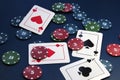 Four aces and chips, card game, cards on the table. Poker and blackjack Royalty Free Stock Photo