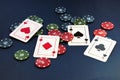 Four aces and chips, card game, cards on the table. Poker and blackjack Royalty Free Stock Photo