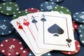 Four aces and chips, card game, cards on the table. Poker and blackjack Royalty Free Stock Photo