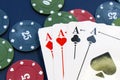 Four aces and chips, card game, cards on the table. Poker and blackjack Royalty Free Stock Photo