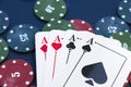 Four aces and chips, card game, cards on the table. Poker and blackjack Royalty Free Stock Photo