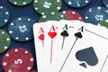 Four aces and chips, card game, cards on the table. Poker and blackjack Royalty Free Stock Photo