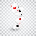 Four aces of diamonds clubs spades and hearts fall or fly as poker playing cards Royalty Free Stock Photo