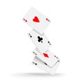 Four aces of diamonds, clubs, spades and hearts fall or fly on white background.