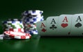 Four aces high on green table with chips