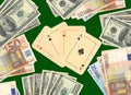 Four aces and money on a green table Royalty Free Stock Photo