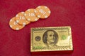 Four of aces near stacks of chips on a red felt table Royalty Free Stock Photo