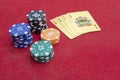 Four of aces near stacks of chips on a red felt table Royalty Free Stock Photo