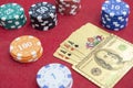 Four aces near stacks of chips on a red felt table Royalty Free Stock Photo