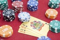 Four of aces near stacks of chips on a red felt table Royalty Free Stock Photo