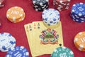 Four of aces near stacks of chips on a red felt table