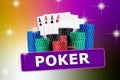 Four aces, playing cards, behind stacks of chips against colorful sparkling background. Collage with inscription poker Royalty Free Stock Photo