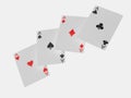 Four aces playing cards poker game. Realistic 3D gambling games symbols. Clubs and spaces, hearts and diamonds casino poker card. Royalty Free Stock Photo