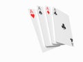 Four aces playing cards poker game. Realistic 3D gambling games symbols. Clubs and spaces, hearts and diamonds casino poker card.