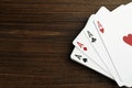 Four aces playing cards on table, top view. Space for text Royalty Free Stock Photo