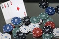 Four aces and poker playing chips on a mirror . Online gambling. Royalty Free Stock Photo