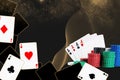 Four aces and stacks of colorful chips against black sparkling background. Collage with copy space for your text or