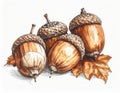 Four Acorns Illustration with Brown Caps and Fall Leaves on White Surface Royalty Free Stock Photo