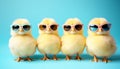 Four Adorable Chicks Wearing Sunglasses, Posing on a Blue Background. Easter Concept. Royalty Free Stock Photo