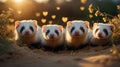Adorable Four Ferrets at Sunset in Golden Hour Light Royalty Free Stock Photo