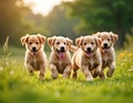 Four adorable golden retriever puppies run joyfully across grassy field. Happy, playful pups with open mouths capture dynamic