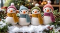 Four Adorable Knitted Snowmen in Winter Holiday Setting Royalty Free Stock Photo