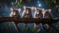 Adorable Trio of Baby Opossums on a Branch at Night Royalty Free Stock Photo
