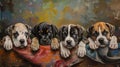 Four adorable puppies sit above banner in charming display. Ai Generated