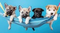 Four adorable puppies sit above banner in charming display. Ai Generated