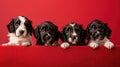 Four adorable puppies sit above banner in charming display. Ai Generated