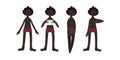 Four African boys in swimsuits. Calm standing poses: thumbs up, piece of paper in hands. Brown skin tone and dark hair