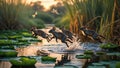 Adorable Baby Mouse Deer Leap across Lily Pads at Sunset Royalty Free Stock Photo