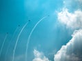 Four Aircraft Doing Aerobatic on Blue Cloudy Sky. Cuban Eight Aircraft Maneuver Performance.