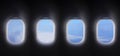 Four airplane windows open white window shutter wide with blue sky view. plane portholes usable for banners, brochures in tourism