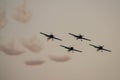 Four airplanes in formation on airshow. Aerobatic team performs flight at air show