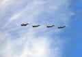 Four airplanes in the sky, Victory Day celebration in Moscow.