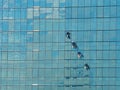 Four alpinist climbing for cleaning the building window glass