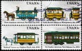 Four old cable cars on american postage stamps