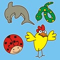 Four animals on blue background, set, eps.