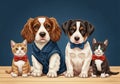 Four anthropomorphized pets are lined up against a dark blue background Royalty Free Stock Photo