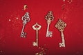 Four antique golden and silver keys of New Year. Royalty Free Stock Photo